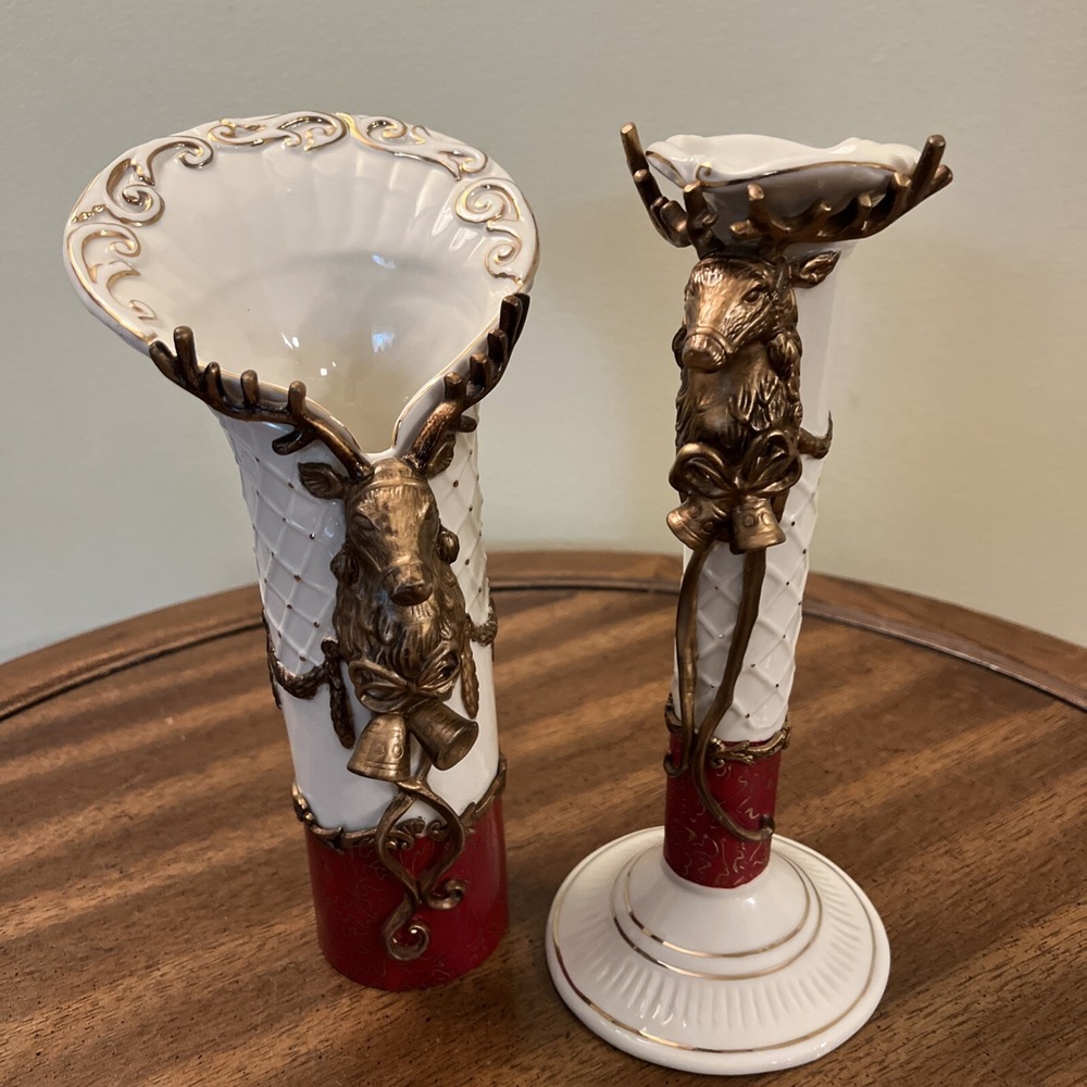 Dillard's Trimmings Porcelain Reindeer Vase Candle  HolderSet Gold Brass Accents